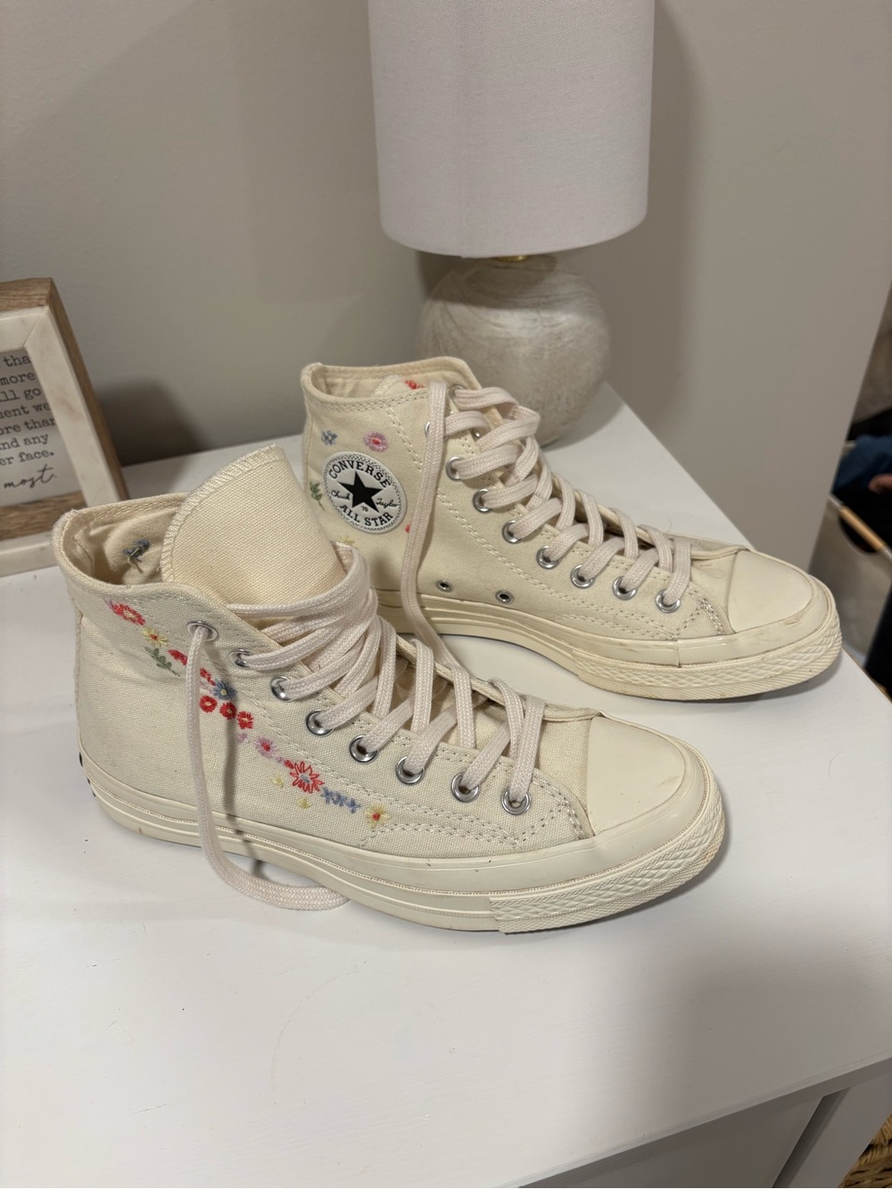 Converse Cream High Top Sneakers with Embroidered Floral Detail